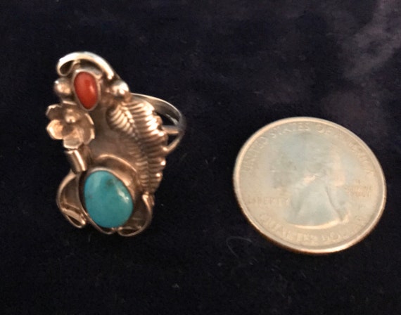 Sterling Silver Turquoise and Red Coral Indian Ri… - image 6