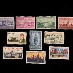 Washington DC Vintage US Stamps, set of 10, issued 1946 to 1996