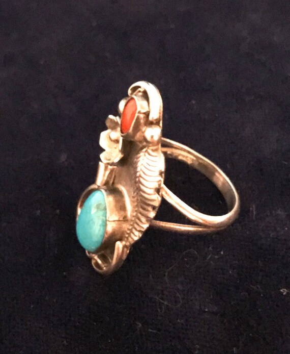 Sterling Silver Turquoise and Red Coral Indian Ri… - image 3