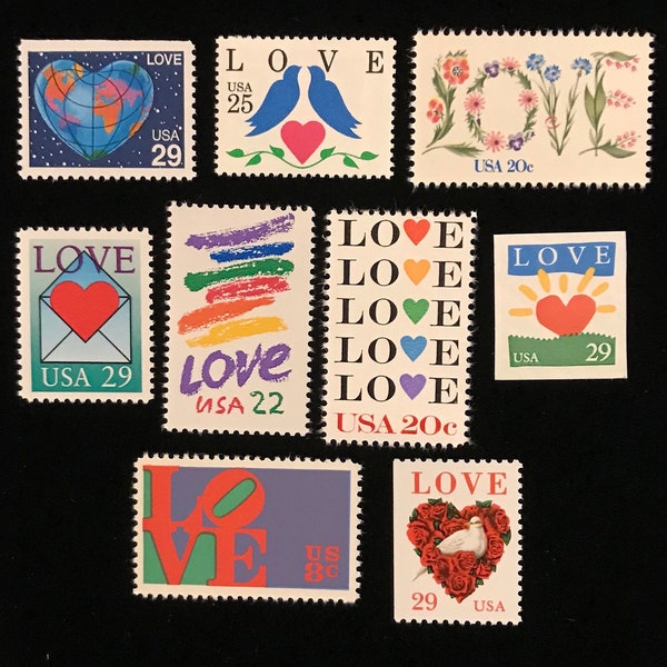 Love Stamps, Vintage US Postage Stamps,  9 different, 1973 to 1994