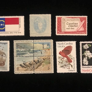 North Carolina Vintage US Stamps, issued 1937 to 1989, set of 10