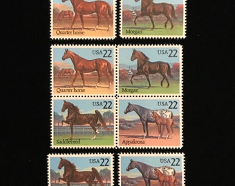 Horses Beautiful US Vintage Stamps, issued 1985, 4 different designs, 8 stamps