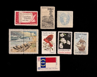 North Carolina Vintage US Stamps, issued 1934 to 1989, set of 11