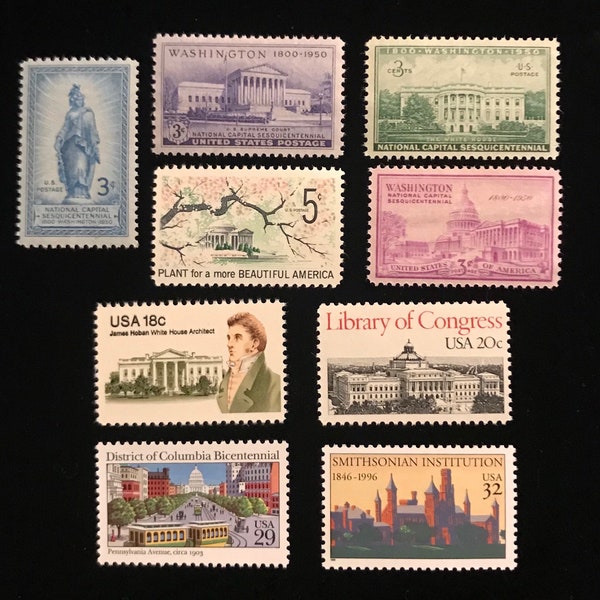 Washington DC Vintage US Stamps, set of 9, issued 1950 to 1996