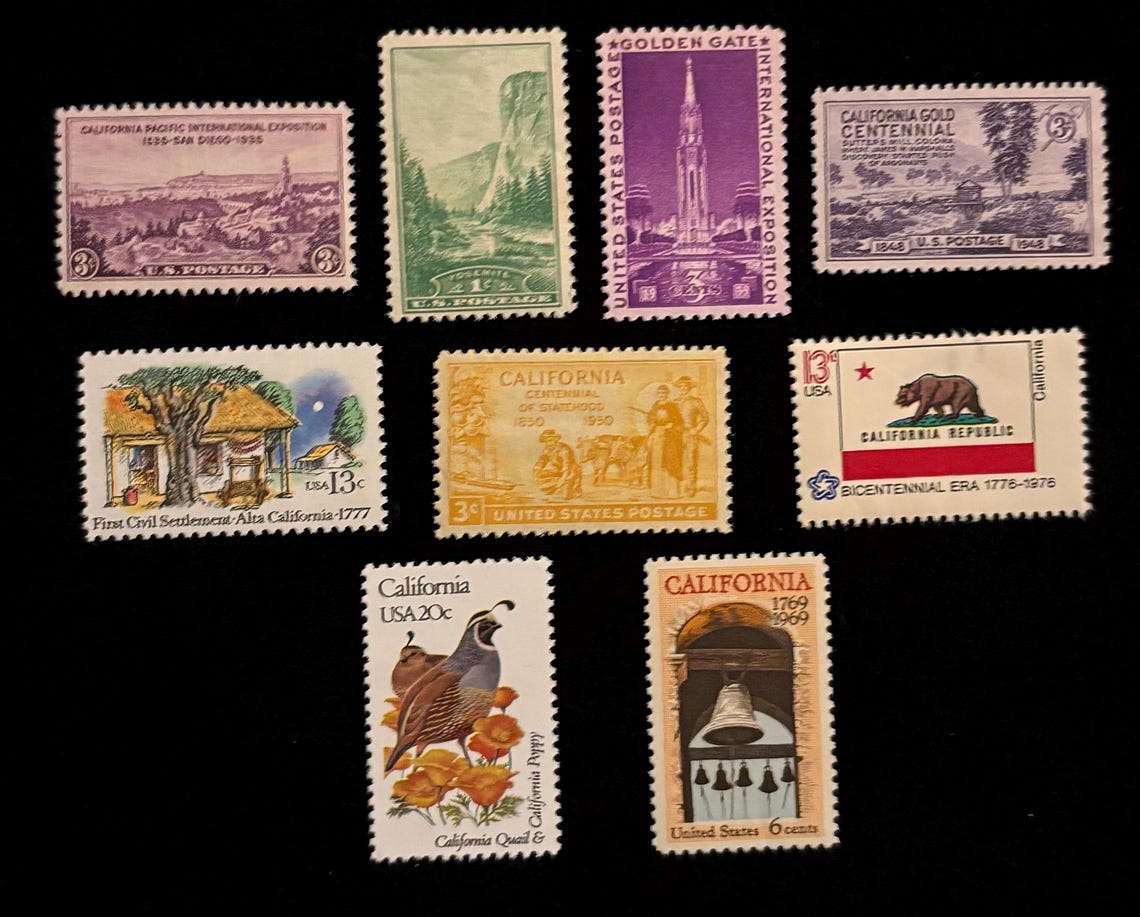 California Genuine US Postage Stamps, Vintage 1934 to 1982, Set of 9 ...