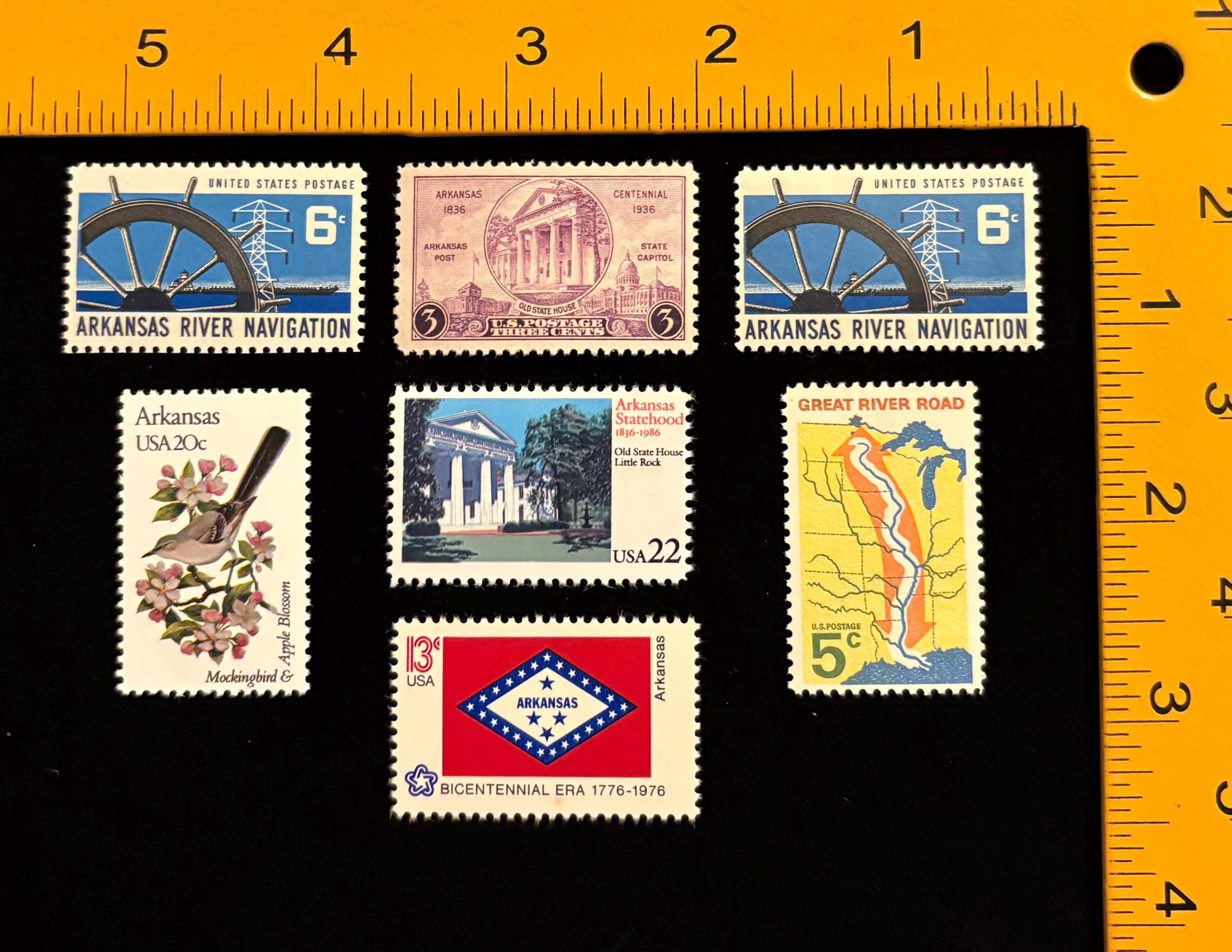 Arkansas Genuine US Postage Stamps, Set of 7, Vintage 1936 to 1986