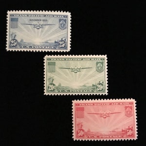 Genuine Airmail US Vintage Mint Stamps, C20, C21, C22, China Clipper Set