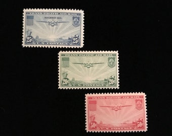 Genuine Airmail US Vintage Mint Stamps, C20, C21, C22, China Clipper Set