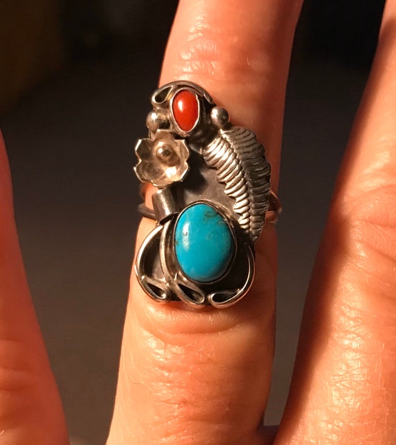 Sterling Silver Turquoise and Red Coral Indian Ri… - image 4