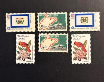 West Virginia Vintage US Stamps, issued 1963 to 1982, set of 6