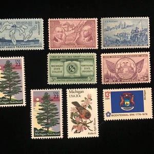 Michigan Vintage US Stamps, issued 1935 to 1982, set of 9