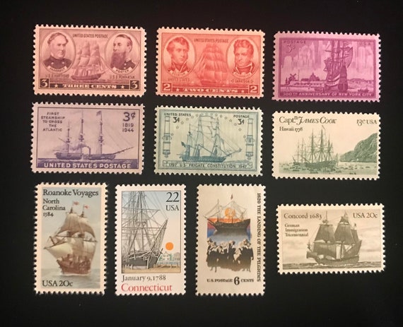 Sailing Ship Stamps, Tall Ships, Clipper Ships, US Vintage Stamps, Issued  1937 to 1988, Set of 10 