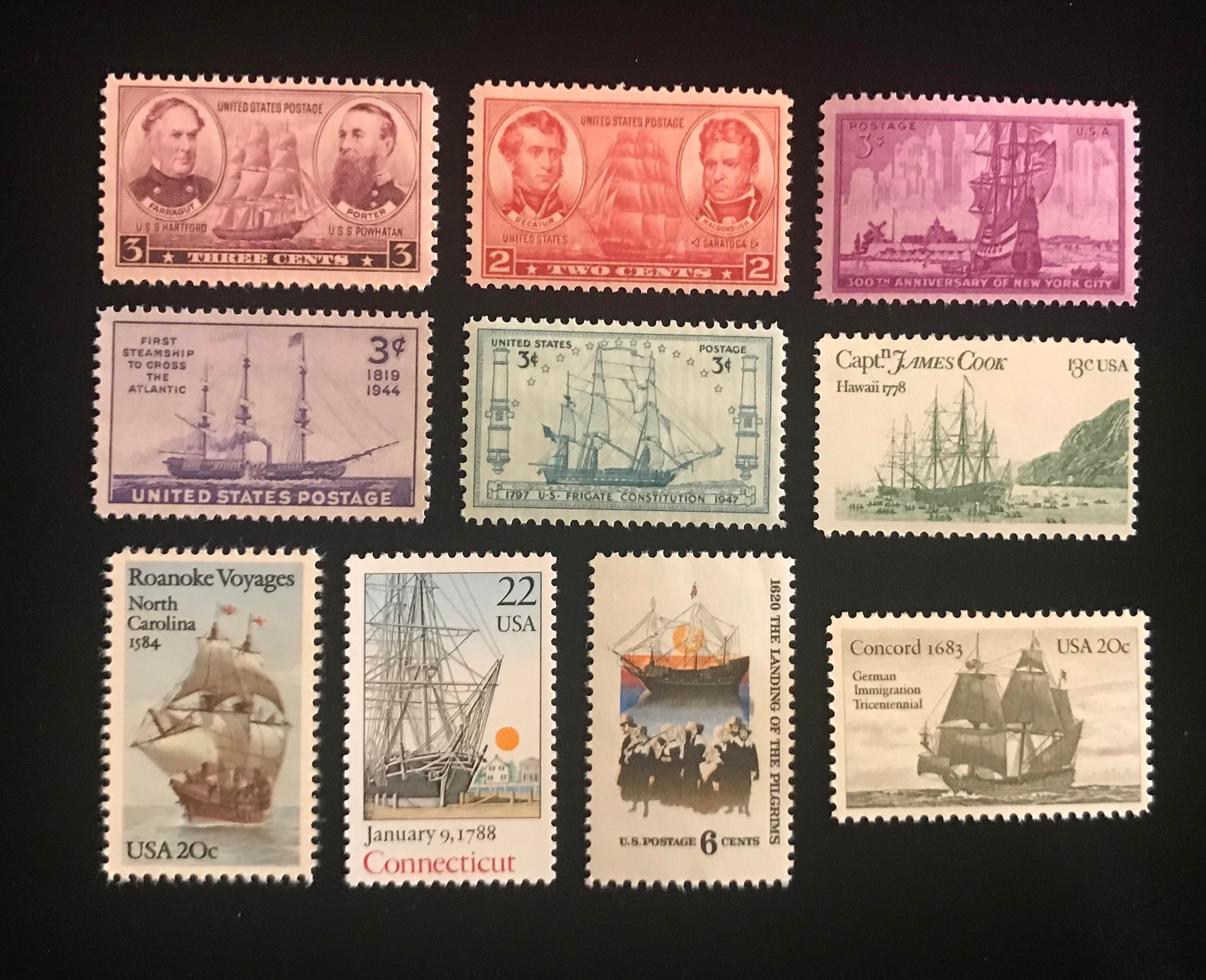 Sailing Ship Stamps, Tall Ships, Clipper Ships, US Vintage Stamps, issued 1937 to 1988, set of 10