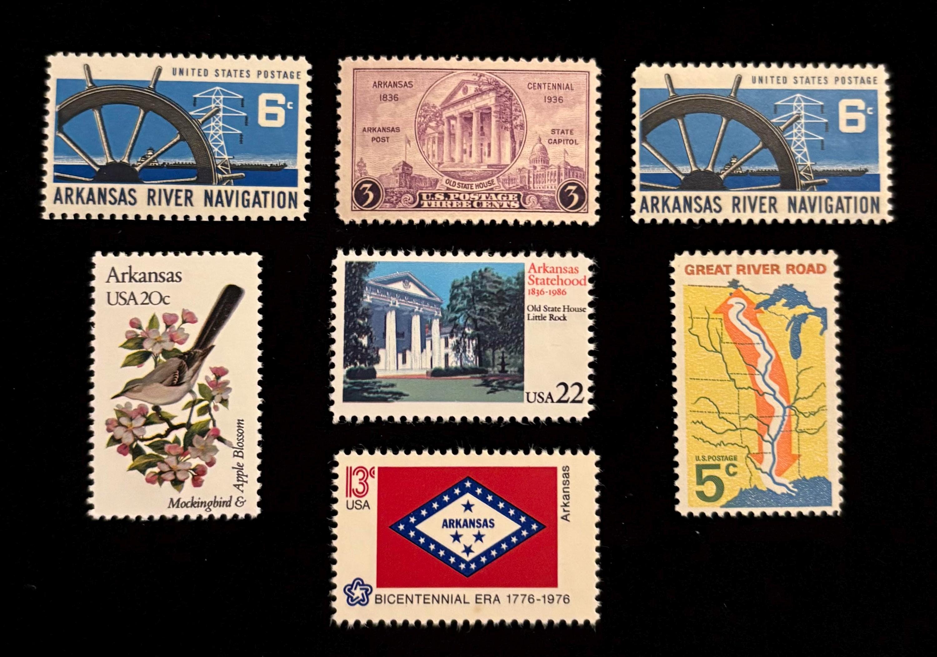 Arkansas Genuine US Postage Stamps, Set of 7, Vintage 1936 to 1986