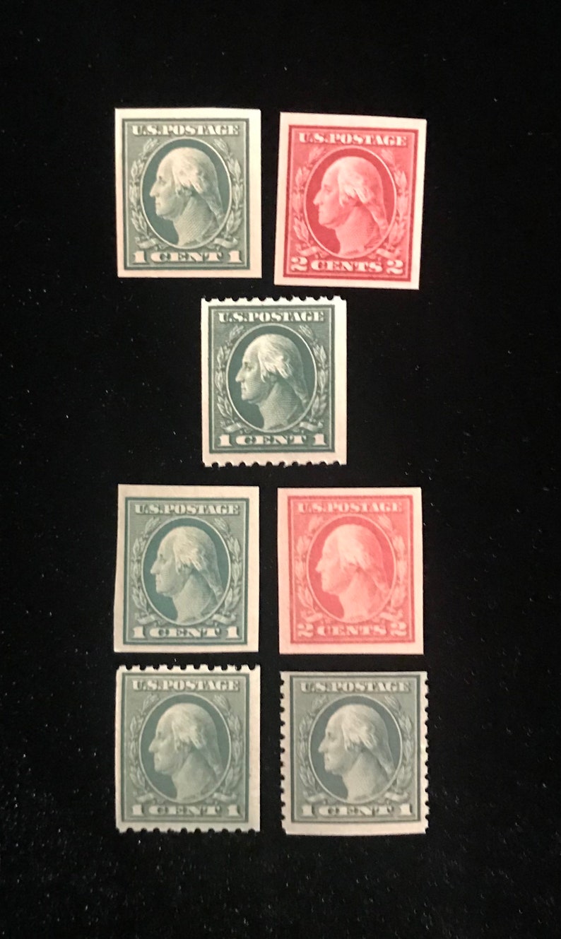 May include: Six vintage US postage stamps featuring a profile of George Washington.  The stamps are in two colors: green and red.  The stamps are all 1 cent except for two which are 2 cents.