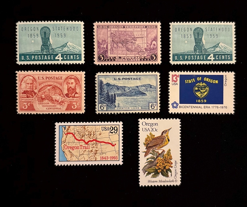 Oregon Vintage US Stamps, issued 1936 to 1993, set of 8 image 1