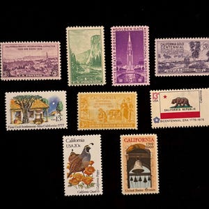 California genuine US postage stamps, vintage 1934 to 1982, set of 9 stamps