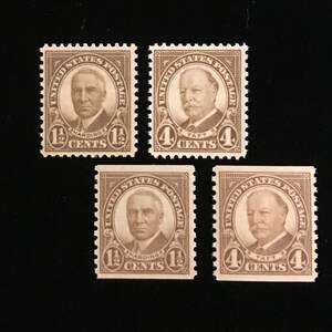 May include: Four vintage United States postage stamps featuring the portraits of Presidents Warren G. Harding and William Howard Taft. The stamps are brown and white and have the text "United States Postage" and the denomination in cents.