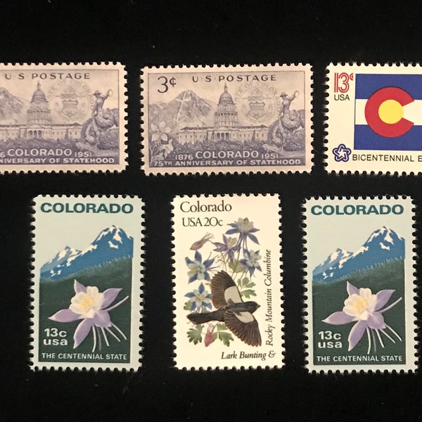 Colorado Vintage US Postage Stamps, issued 1951 to 1982, set of 6