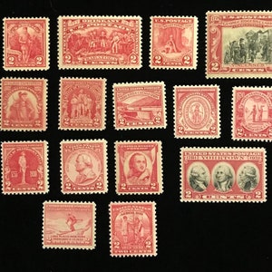May include: A collection of 14 vintage United States postage stamps, all featuring red and white designs. The stamps depict various historical figures and events, including George Rogers Clark, the Erie Canal, and the Battle of Yorktown. The stamps are in good condition and would be a great addition to any stamp collection.