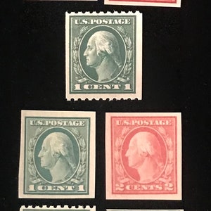 May include: Six vintage US postage stamps featuring a profile of George Washington. The stamps are in denominations of 1 cent and 2 cents. The stamps are in green and red.