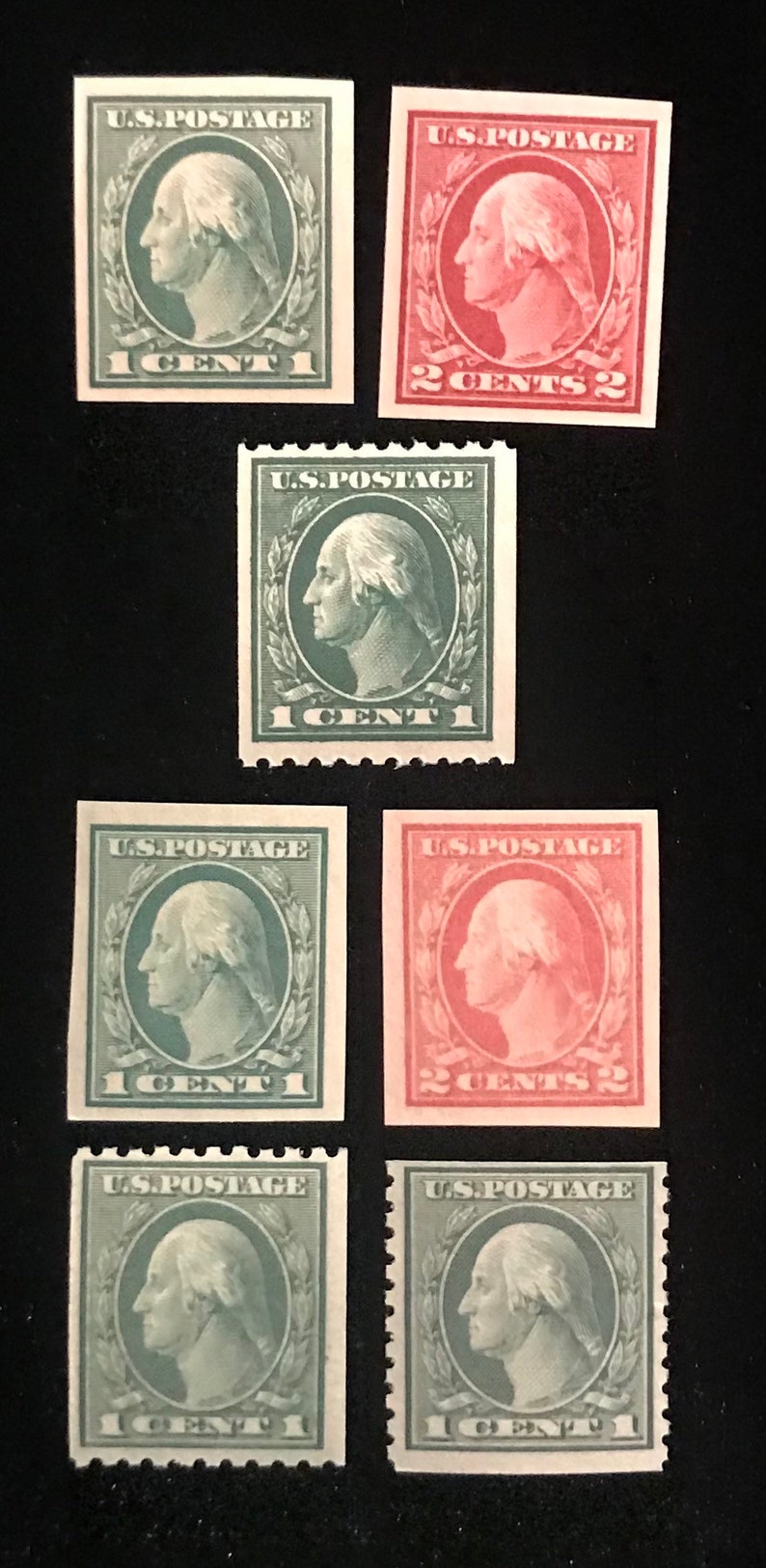 May include: Six vintage US postage stamps featuring a profile of George Washington. The stamps are in denominations of 1 cent and 2 cents. The stamps are in green and red.
