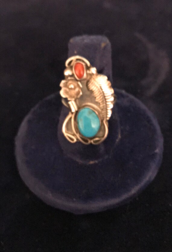 Sterling Silver Turquoise and Red Coral Indian Ri… - image 2