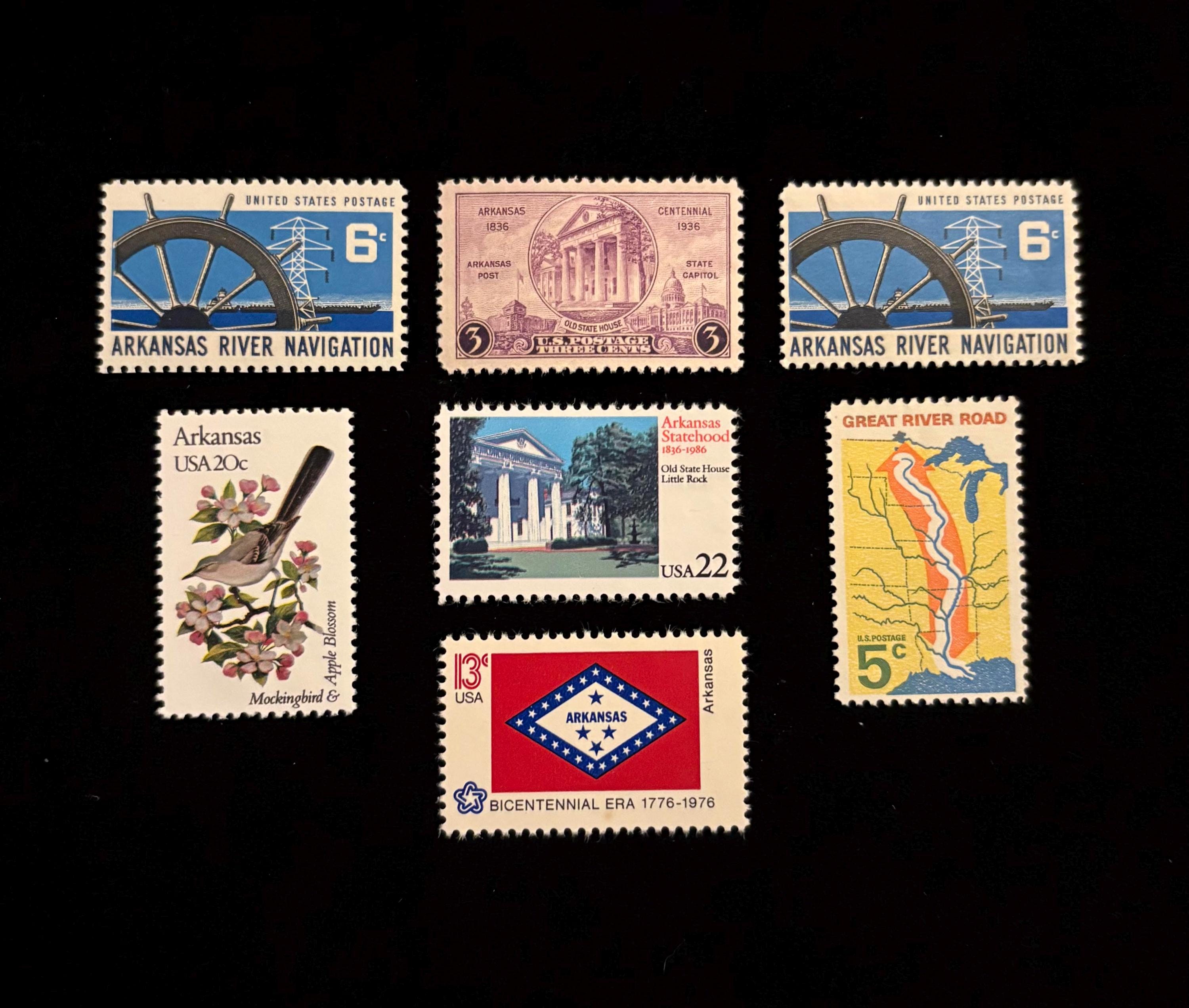 Arkansas Genuine US Postage Stamps, Set of 7, Vintage 1936 to 1986