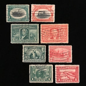 Genuine 1901 to 1913 US Vintage Set of 8, early commemorative stamps