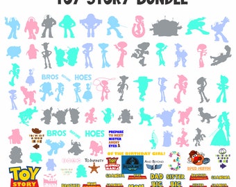 May include: A set of 30 colorful silhouette cut files featuring characters from the Toy Story movie franchise. The characters include Woody, Buzz Lightyear, Jessie, Mr. and Mrs. Potato Head, Rex, Slinky Dog, and more. The text "Bros Before Hoes" and "To Infinity and Beyond" are also included.