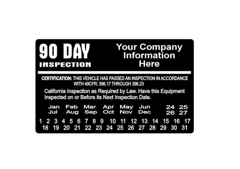 Ten Day Inspection Sticker Vehicle Decal 90 Day Inspection, 2026 Personalized With Your Company ...