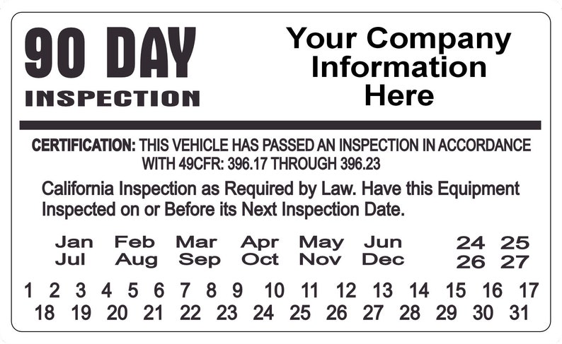 Ten Day Inspection Sticker Vehicle Decal 90 Day Inspection, 2026 Personalized With Your Company ...