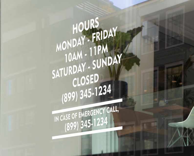 Store Hours Vinyl Decal Business Hours Decal for Storefront Etsy