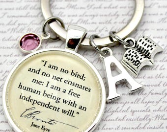 Personalised Jane Eyre Charm Keyring; 'I Am No Bird' Reading Quote, Charlotte Bronte, Initial Letter & Birthstone Crystal
