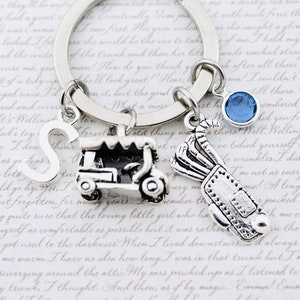 Golfing Key Ring, 3D Golf Buggy, Golf Caddy, Golf Clubs, Golfer, Golf Cart, Golf Bag Personalised Key Ring, Initial & Preciosa Birthstone