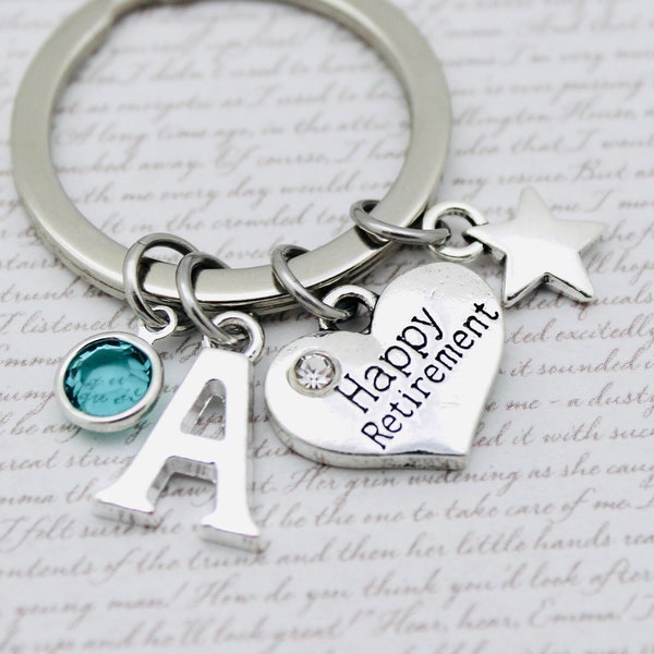 Happy Retirement Charm Key Ring, Personalised Retiring Gift, Heart Charm, Star Charm Keychain, Initial and Swarovski Birthstone Key Ring