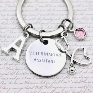 Veterinarian Assistant Keyring, Student Veterinarian, Vet Gift, Veterinary, Stethoscope Charm, Initial and Preciosa Birthstone Crystal