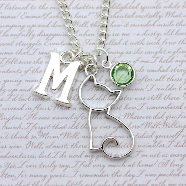 Cat Charm Necklace, Cute Kitten Gift, Persian, Siamese, Ragdoll, Sphynx Personalised Charm Jewelry, Initial & Preciosa Birthstone Crystal