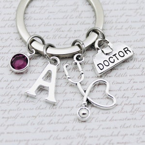 Doctor Charm Key Ring, Tiny Stethoscope Heart Charm, Doctor Keychain, Personalised Charm Keyring, Initial & Swarovski Birthstone Crystal