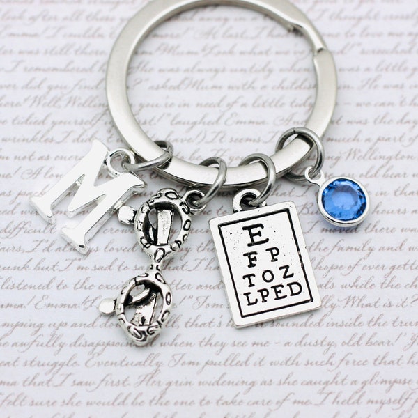 Optician Charm Keyring, Snellen Chart, Glasses Charm, Optometrist, Ophthalmologist, Personalised Initial & Swarovski Birthstone Crystal