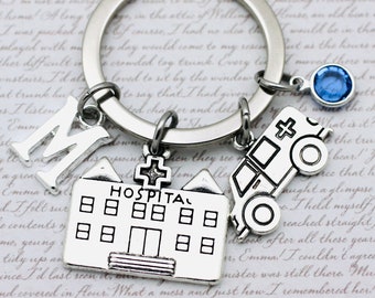 Hospital and Ambulance Charm Key Ring, Medical Gift, Paramedic, Doctor Keyring, Personalised Keyring, Initial & Preciosa Birthstone Crystal