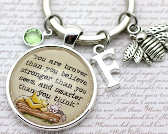 Winnie The Pooh, 'You Are Braver', Personalised Pooh Bear and Piglet Keyring, Bee Charm, Initial and Preciosa Birthstone Crystal