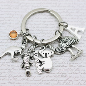 Australia Wildlife Charms Key Ring, Outback Animals, Koala, Kangaroo, Emu, Platypus Charm Keyring, Initial & Swarovski Birthstone Crystal