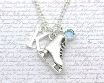 Ice Skating Charm Necklace, Ice Skates Jewellery, Figure Skating, Sporting Personalised Jewelry, Initial & Swarovski Birthstone Crystal