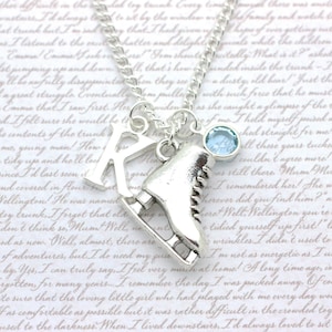 Ice Skating Charm Necklace, Ice Skates Jewellery, Figure Skating, Sporting Personalised Jewelry, Initial & Swarovski Birthstone Crystal