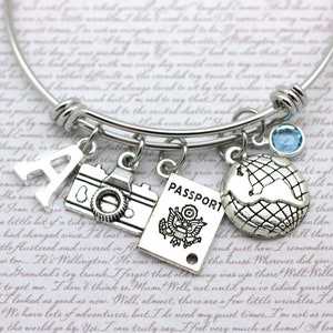 Travel Charm Bracelet, Camera Passport & Globe Charms, Camera Bangle, Travel Gift, Personalised Bracelet, Initial, Swarovski Birthstone