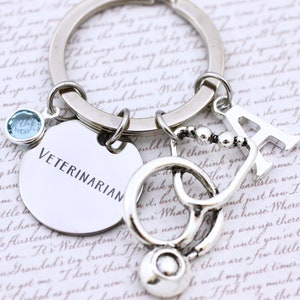 Personalised Veterinarian Keyring, Student Veterinarian, Vet Gift, Veterinary, Stethoscope Charm, Initial and Preciosa Birthstone Crystal