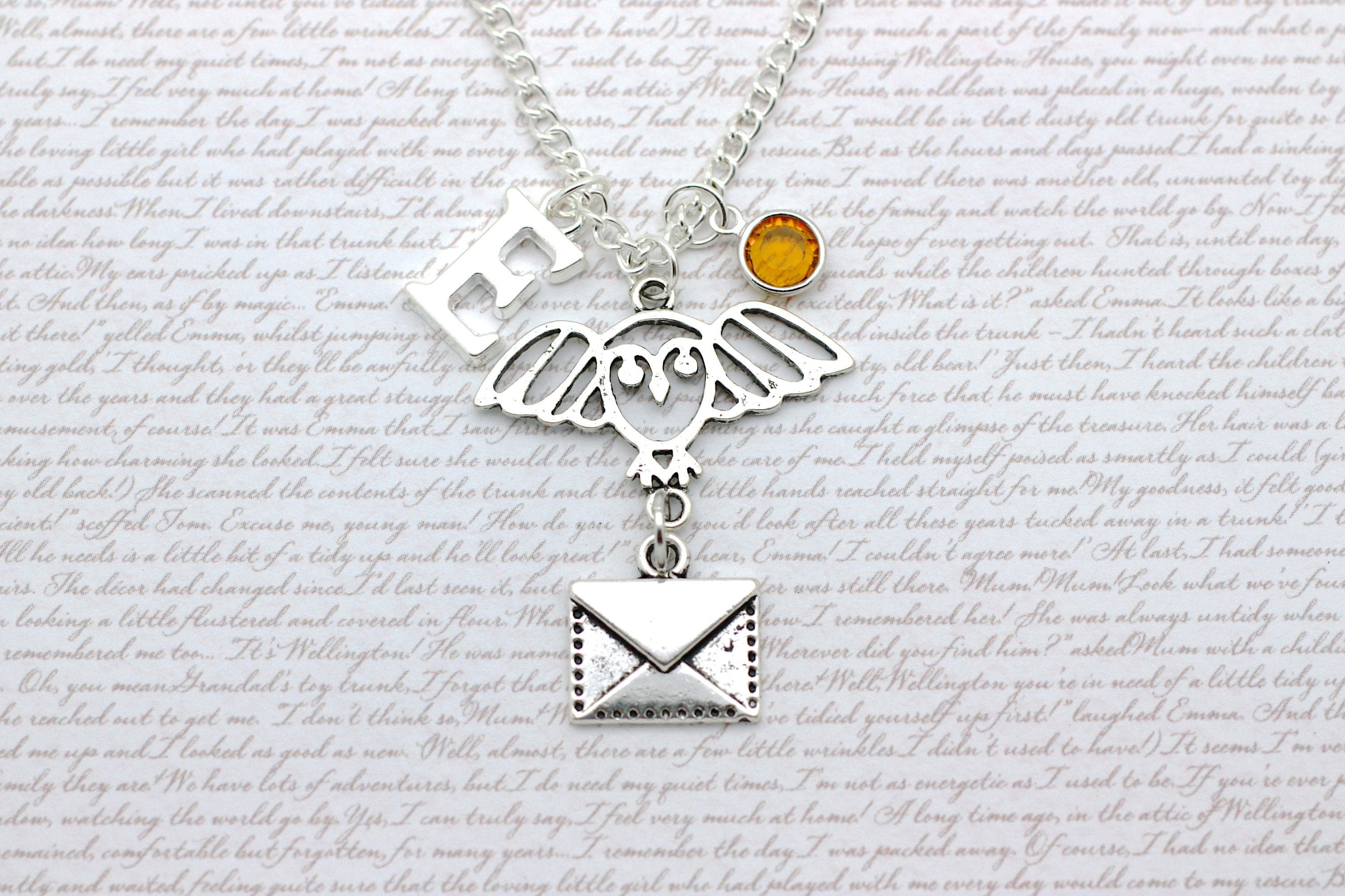Postal Owl Charm Necklace, Wizard School, Magic School, Owl Personalised Jewellery, Initial & Pr