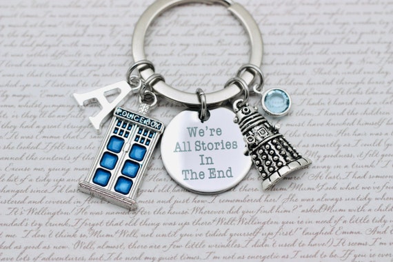 Doctor Who Charm Keyring, We&#39;re All Stories In The End, Tardis Key Ring, Darlek Charm, Personalised Dr Who Keyring, Swarovski Birthstone