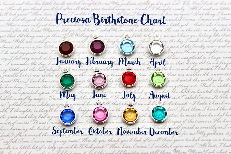 May include: A chart showing the birthstones for each month of the year. The chart features a silver setting with a round, faceted gemstone for each month. The gemstones are: Garnet, Amethyst, Aquamarine, Diamond, Emerald, Alexandrite, Ruby, Peridot, Sapphire, Opal, Topaz, and Tanzanite.